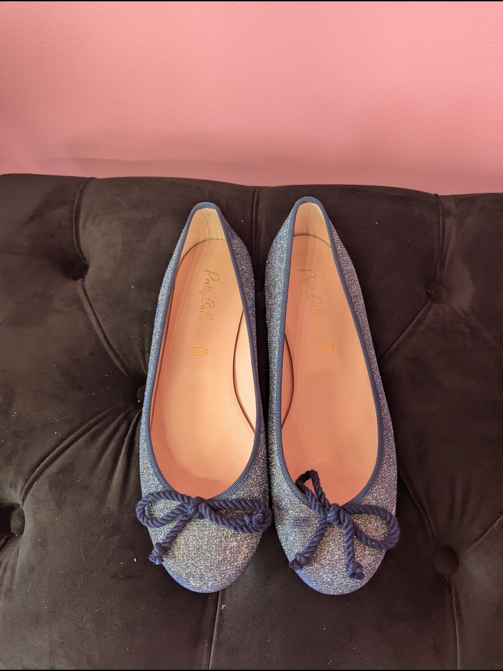 Pretty Ballerinas Sparkling Navy Blue Rope Bow Ballet Flats